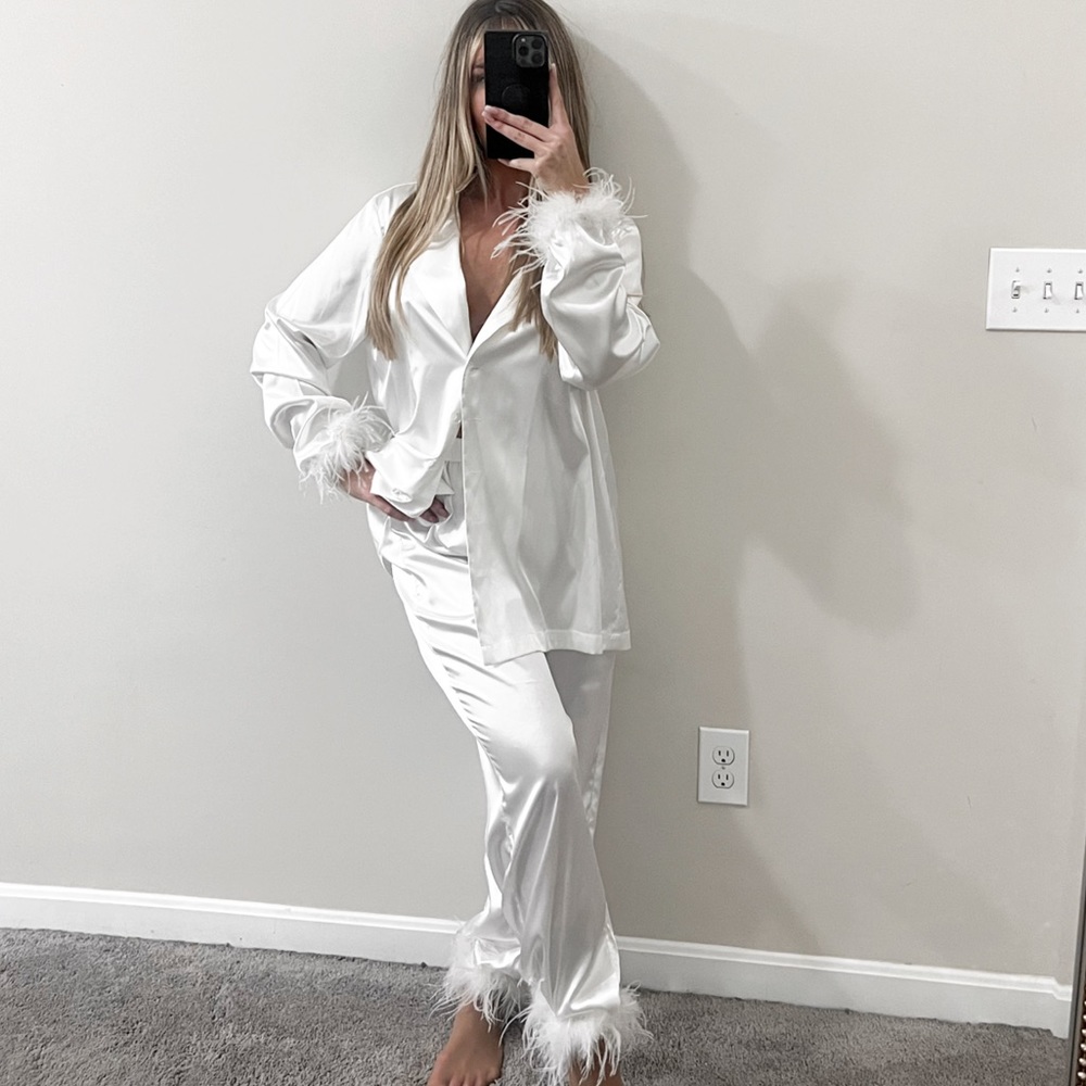 White Fox Boutique White Satin Pajama Set with Feather Trim